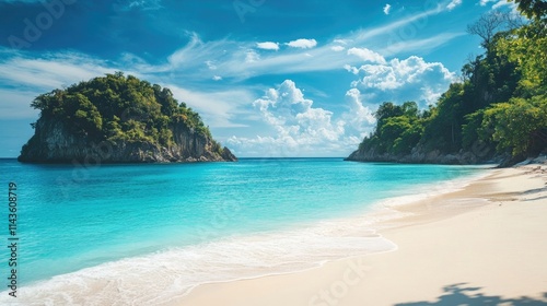 Isolated island with white sandy beach and turquoise waters