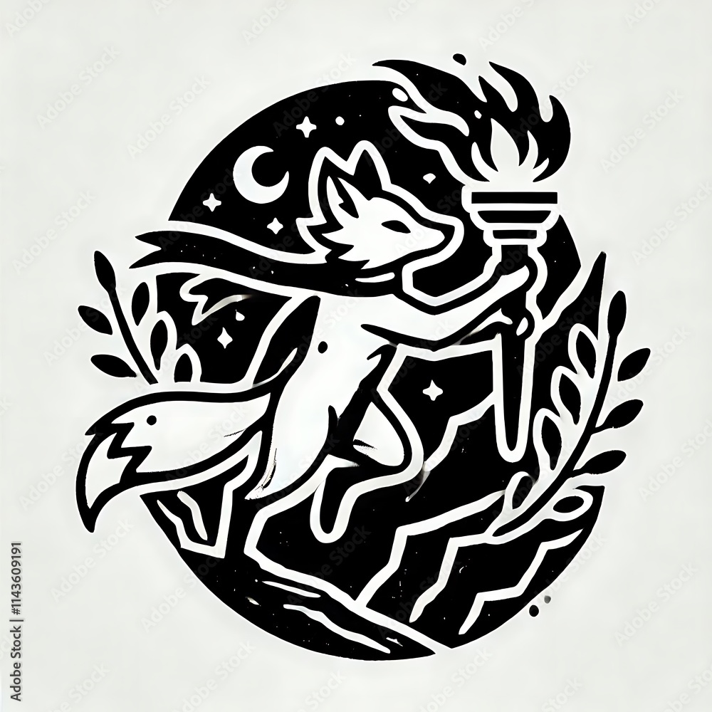 Obraz premium A fox figure holding a torch in a stylized design.