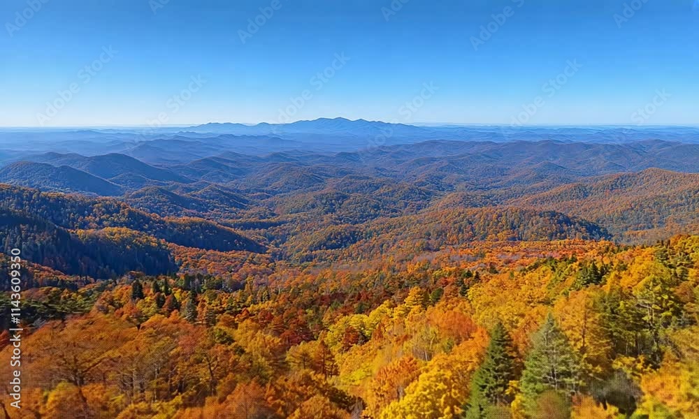 A scenic view of rolling mountains adorned with autumn foliage under a clear blue sky. A scenic view of rolling mountains adorned with autumn foliage under a clear blue sky.