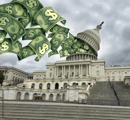 US Government Funding crisis and United States federal shutdown as a political bipartisan concept with a divided congress on capital hill with a spending bill  and American deficit or debt symbol.