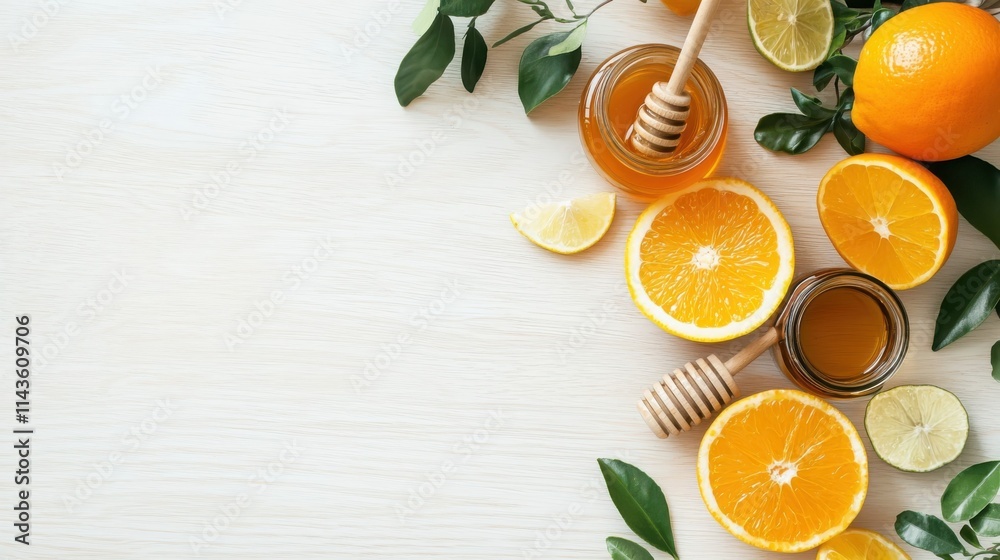 Natural beauty ingredients flat lay featuring citrus fruits honey jars and green tea on light wooden table Natural beauty ingredients flat lay featuring citrus fruits honey jars and green tea on light wooden table