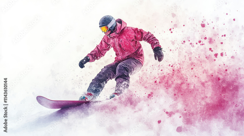 Pink watercolor painting of snowboarder on snow slopes at sunny morning