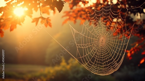 Beautiful spider web glistening in the warm light of a autumn sunset. Generative AI