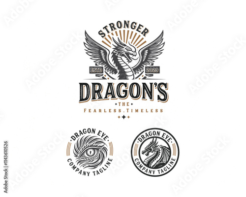 Vintage classic mythological beast dragon fire illustration logo for business company