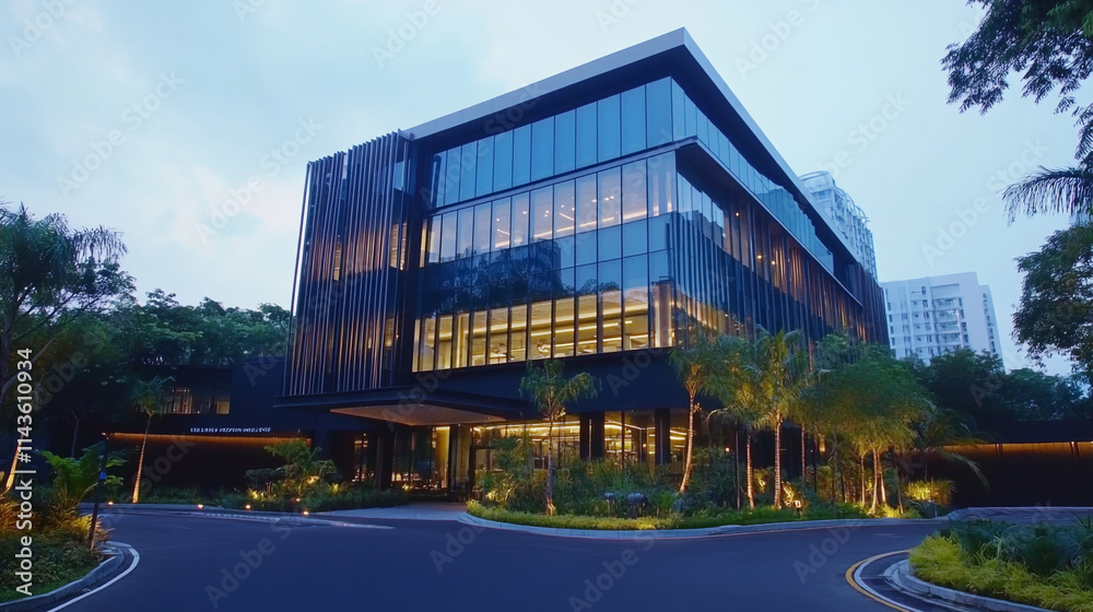 Obraz premium Beautiful and luxury premium modern office glass building, modern interior architectural glass building, abstract modern showcasing a vibrant cityscape with glass architecture.