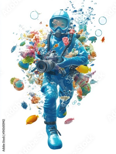 3D Asian cartoon deep-sea diver in a bright blue wetsuit, holding an underwater camera and surrounded by colorful fish, corals, and bubbles. Generative Ai