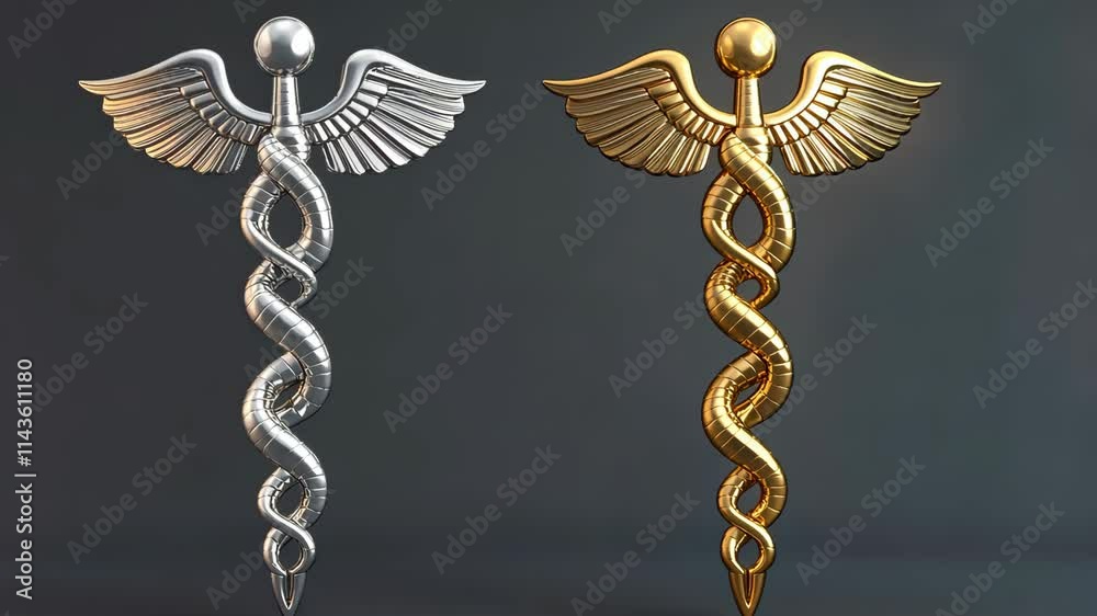 Caduceus symbols in silver and gold showcasing a blend of medical and mythological elements in a minimalist design