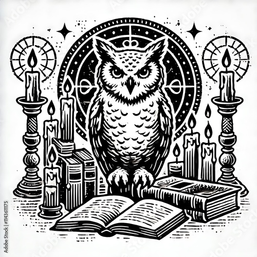 Owl surrounded by books and candles. photo