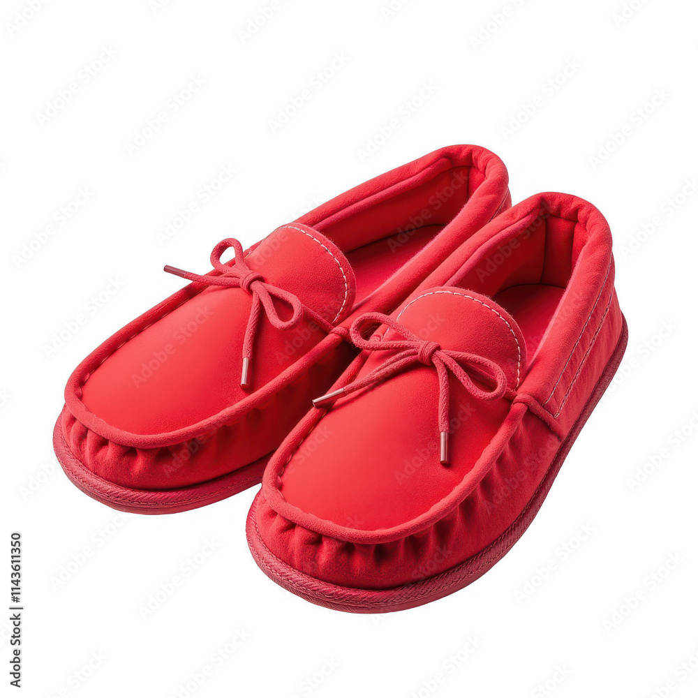 A pair of vibrant red moccasin slippers on transparent background, showcased from above, highlighting soft, supple lines and delicate details against a crisp black background A pair of vibrant red moccasin slippers on transparent background, showcased from above, highlighting soft, supple lines and delicate details against a crisp black background