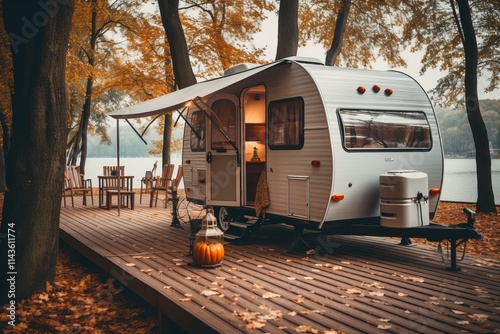 Cozy autumn getaway by the tranquil lake surrounded by vibrant foliage. Generative AI