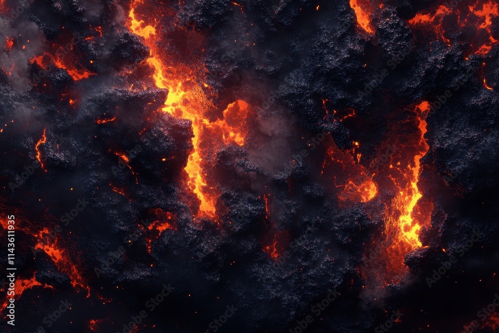 Molten Lava Flowing Through a Dark and Rough Volcanic Surface Molten Lava Flowing Through a Dark and Rough Volcanic Surface