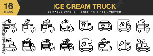 Ice Cream Truck icon set. Editable Stroke Icon Collection. Includes Cone, Cream, Ice, Icecream, Summer, Truck, Van, and More. Outline icons vector collection.