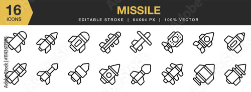 Missile icon set. Editable Stroke Icon Collection. Includes Cruise, Military, Missile, Rocket, War, and More. Outline icons vector collection.