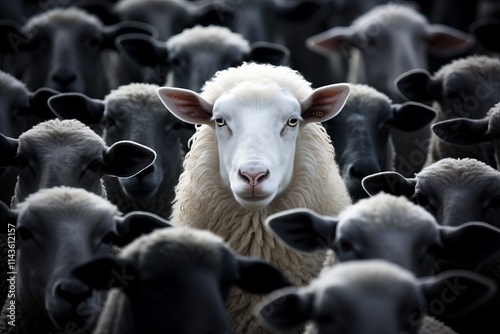 Unique sheep stands out in a crowd of dark counterparts during golden hour. Generative AI photo