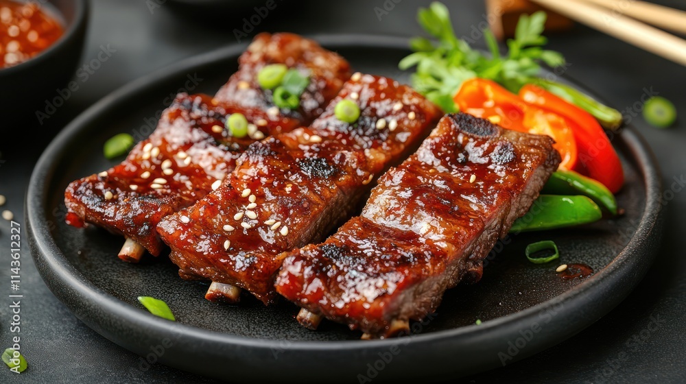 Close-up of grilled pork ribs with sesame seeds and green onions on a black plate. Close-up of grilled pork ribs with sesame seeds and green onions on a black plate.