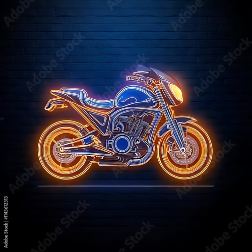 A neon blue motorcycle with orange highlights against a dark textured brick wall. photo