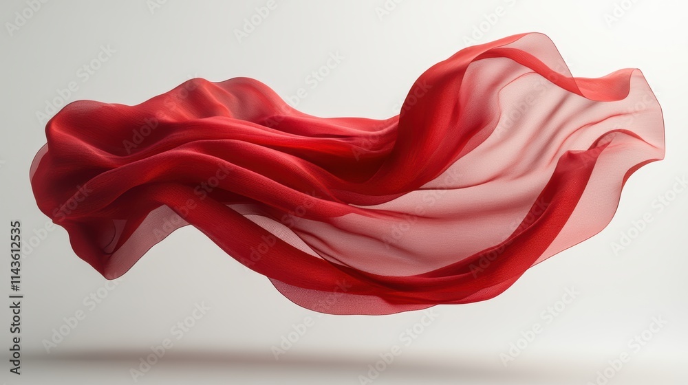 A red silk fabric floating in the air, creating an elegant and luxurious appearance against a white background. The cloth is flowing elegantly with soft folds that give it depth and movement.
