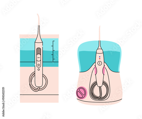 Oral hygiene care products. Dental cleaning tools vector illustration. Electrical oral irrigator. Brushing teeth equipment for caries prevention. Colorful set isolated on a white background