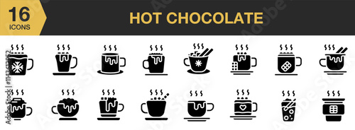 Hot Chocolate solid icon set. Includes Hot, Chocolate, Xmas, Christmas, Cup, and More. Solid icons vector collection.