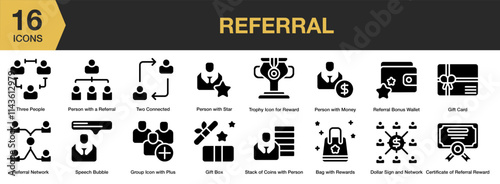 Referral solid icon set. Includes Referral, Marketing, Network, Affiliate, Customer, and More. Solid icons vector collection.