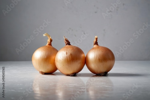 three onions sitting on a table with a gray background photo