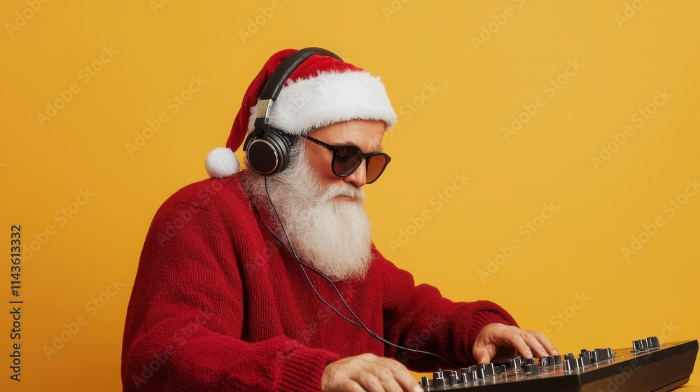 Santa claus djing at a trendy nightclub yellow background festive vibe party atmosphere fun concept Santa claus djing at a trendy nightclub yellow background festive vibe party atmosphere fun concept