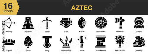 Aztec solid icon set. Includes boho, mexican, culture, bohemian, ancient, and More. Solid icons vector collection.