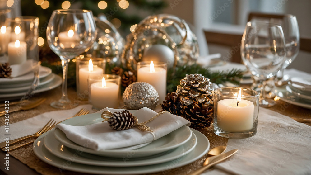 Luxurious and Festive Holiday Dinner Table with Candlelight and Pinecones
Luxurious and Festive Holiday Dinner Table with Candlelight and Pinecones