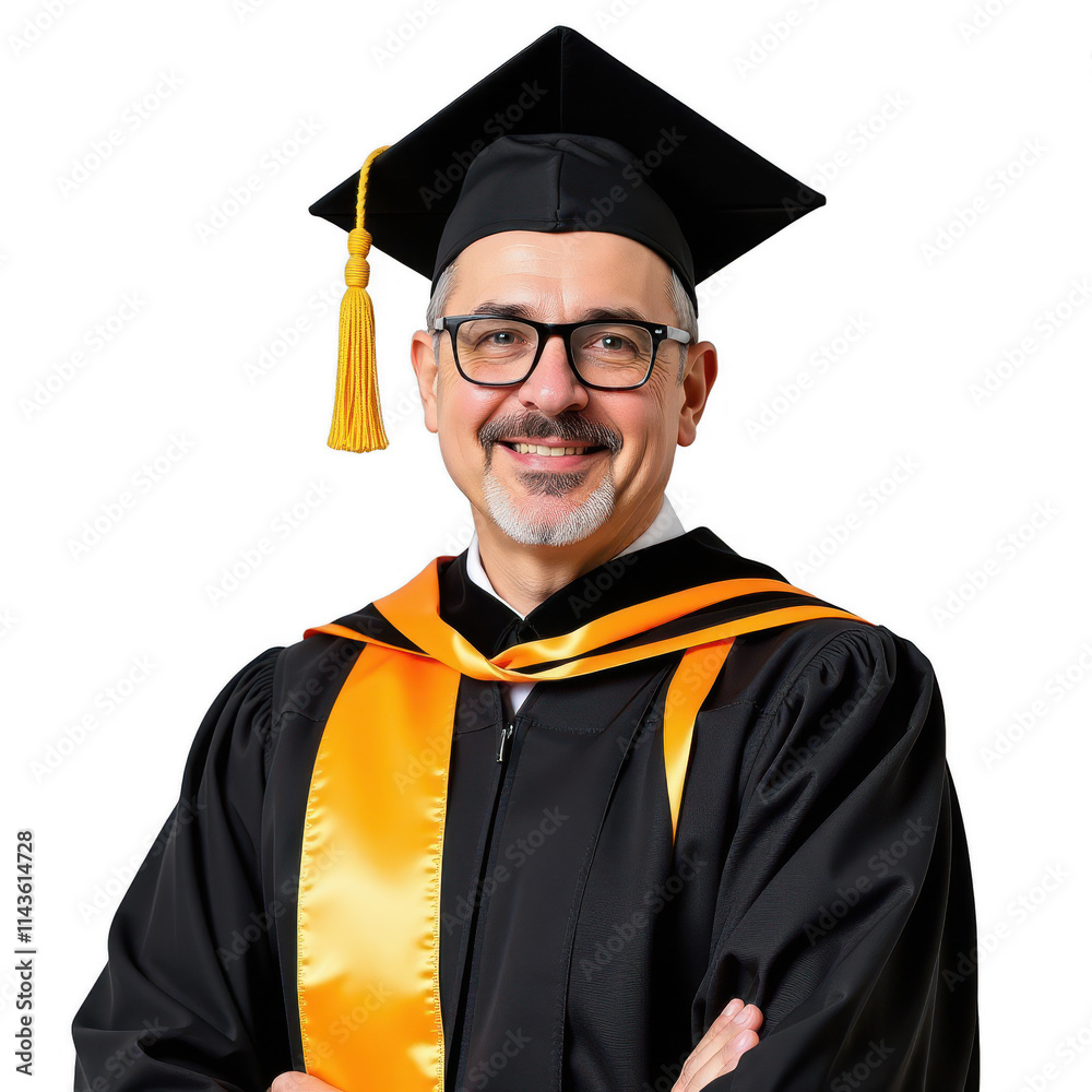 A proud graduate beams with a subtle smile, clad in formal attire: a black robe draped elegantly, topped with a matching mortarboard adorned with a vibrant yellow tassel. Transparent background A proud graduate beams with a subtle smile, clad in formal attire: a black robe draped elegantly, topped with a matching mortarboard adorned with a vibrant yellow tassel. Transparent background