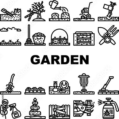 garden maintenance mulching icons set vector. weeding fertilizing, watering mowing, edging aeration, composting planting, trimming garden maintenance mulching black contour illustrations