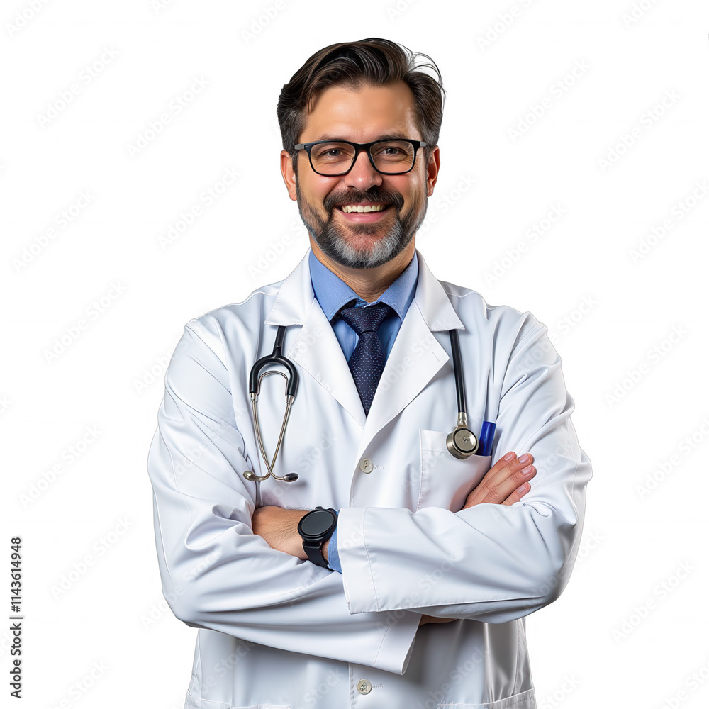 A warm, smiling doctor in crisp white lab coat, stethoscope around his neck, set against a sleek transparent black background, radiating professionalism and care A warm, smiling doctor in crisp white lab coat, stethoscope around his neck, set against a sleek transparent black background, radiating professionalism and care