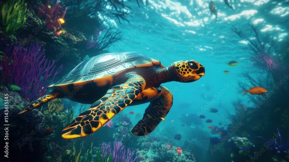 Fototapeta premium Sea Turtle Gracefully Navigating a Vibrant Coral Reef