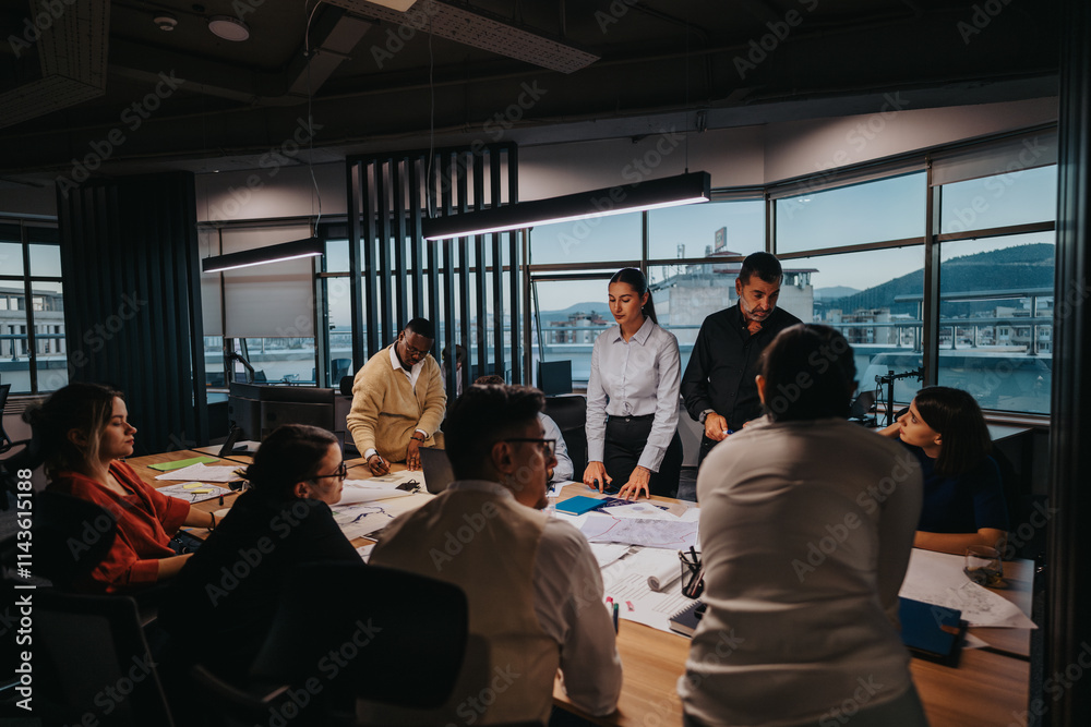 © qunica.com - A diverse group of business colleagues engaged in an intensive brainstorming session, exchanging ideas and analyzing plans in a modern, well-lit office environment. Multicultural teamwork for