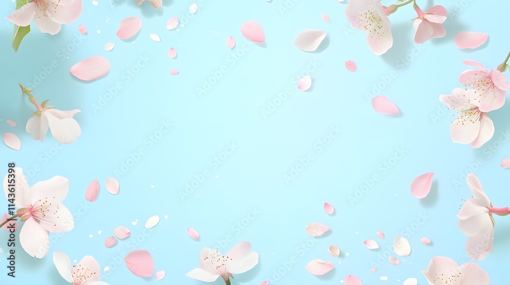 Delicate Pink Blossoms and Petals on Light Blue Background Delicate Pink Blossoms and Petals on Light Blue Background