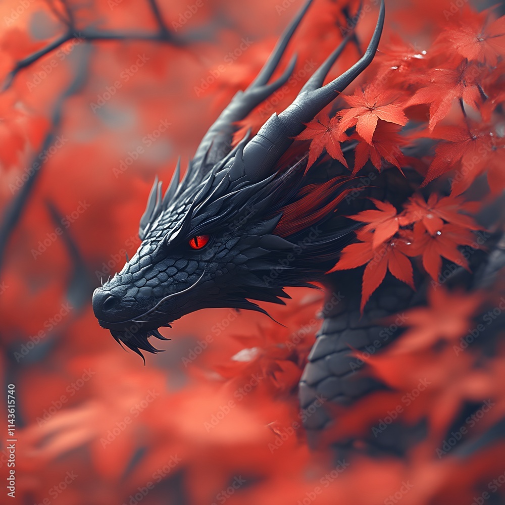 Black dragon's head amidst vibrant red autumn leaves. Black dragon's head amidst vibrant red autumn leaves.