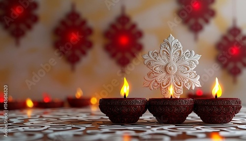 Diwali Festival Wallpaper, with White Three-dimensional Ornamental Flower. 3D Render. , isolated on white background,  , copy space, copy space for text,