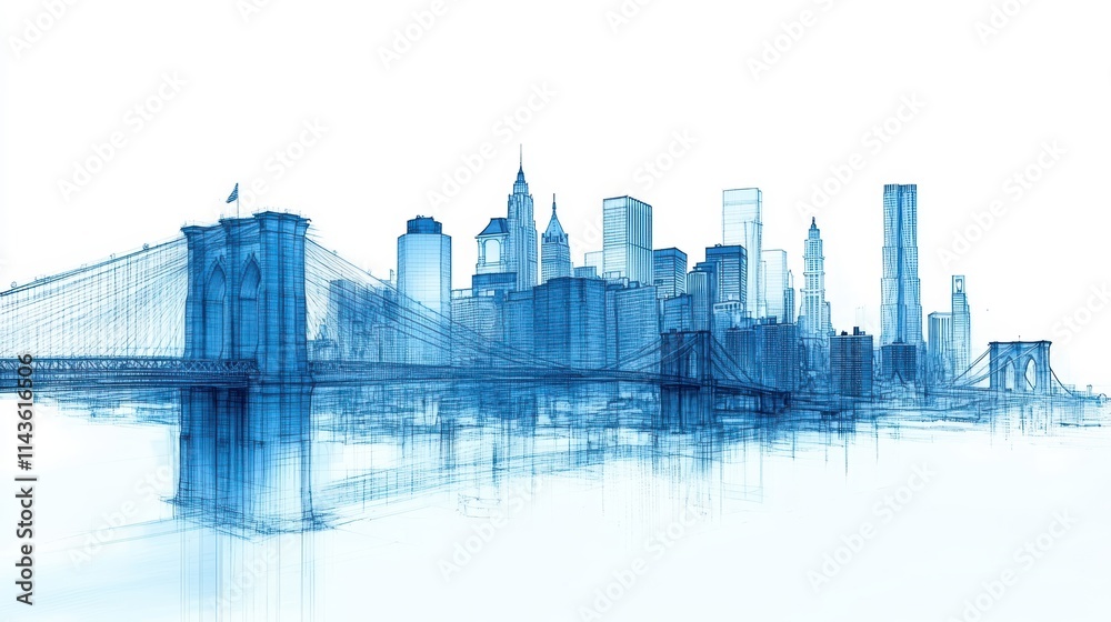 Naklejka premium architectural drawing skyline and Bridge. white background.