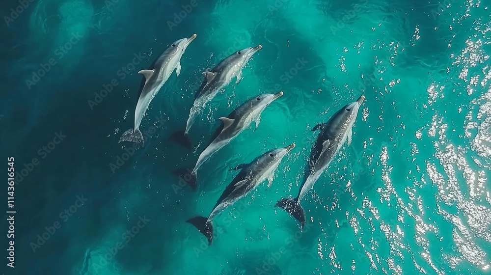 Fototapeta premium Drone footage of dolphins playing in the blue water in Esperance, Australia