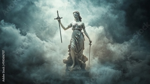 Majestic marble statue of the goddess Lady Justice standing tall and imposing amidst swirling storm clouds