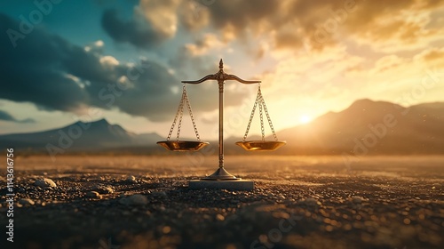 A scale balanced between two opposing mountain peaks under a glowing golden sunrise representing the triumph of justice and equilibrium over life s challenges photo