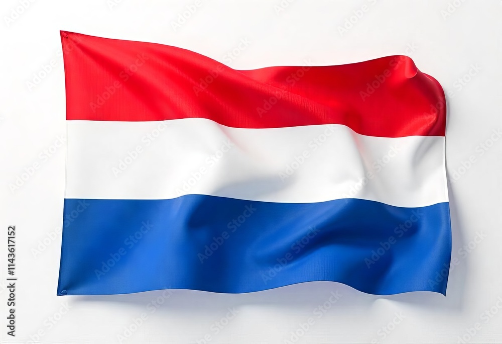 The Dutch flag showcasing a rippling texture as it billows in the wind its shape on a white background The Dutch flag showcasing a rippling texture as it billows in the wind its shape on a white background