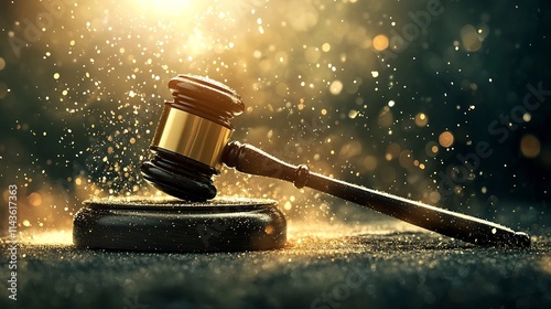 Crystalline Gavel Striking Glowing Surface Radiating Justice s Might   A powerful symbolic image of a crystal gavel crashing down on a luminous plane sending waves of light across a dark room photo