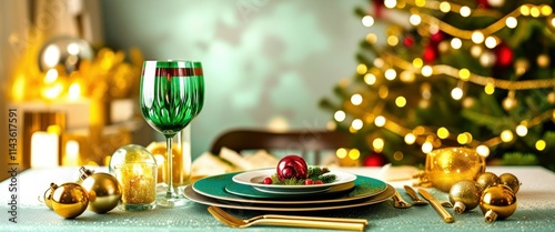 Christmas table setting, elegant dinnerware, golden plates, green wine glasses, red napkins, festive decorations, blurred Christmas tree background, warm ambient lighting, holiday atmosphere, cozy int