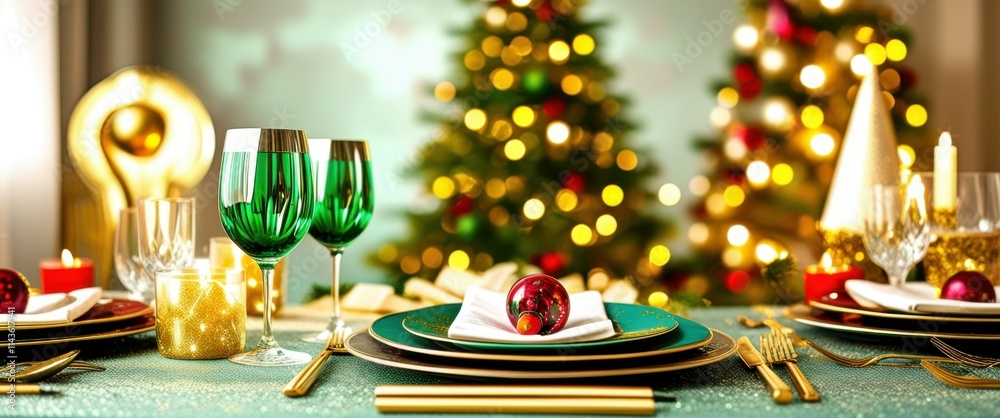 Christmas table setting, elegant dinnerware, golden plates, green wine glasses, red napkins, festive decorations, blurred Christmas tree background, warm ambient lighting, holiday atmosphere, cozy int