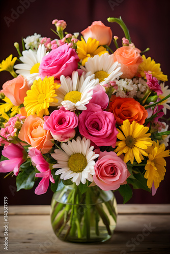 Wallpaper Mural Vibrant Blossom: An Artistic Arrangement of Fresh Roses, Tulips, Daisies with Rustic Background Torontodigital.ca