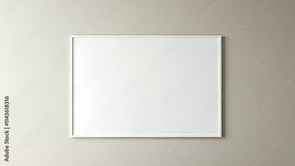 Blank White Framed Picture on a Light Beige Wall. A simple, clean image of a white picture frame with a blank white canvas, hanging on a light beige or taupe wall. Blank White Framed Picture on a Light Beige Wall. A simple, clean image of a white picture frame with a blank white canvas, hanging on a light beige or taupe wall.