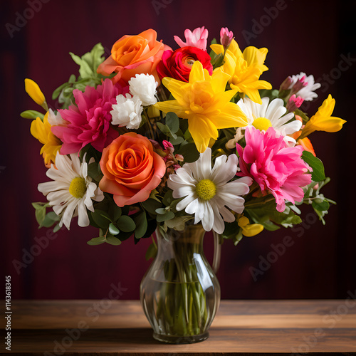 Wallpaper Mural Vibrant Blossom: An Artistic Arrangement of Fresh Roses, Tulips, Daisies with Rustic Background Torontodigital.ca