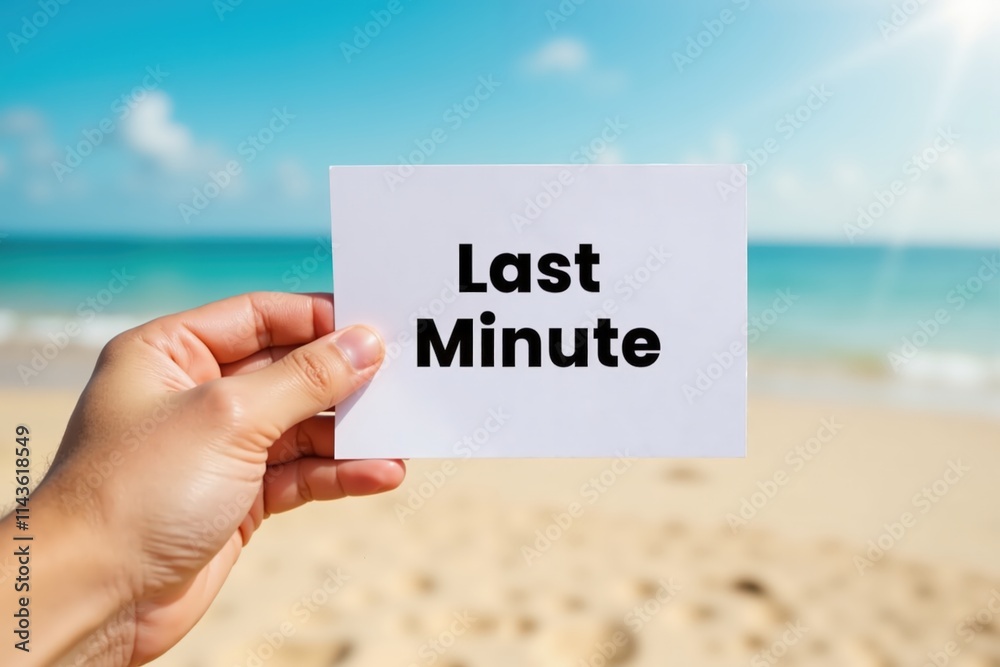 Last minute vacation offer: hand holding card with beach background.