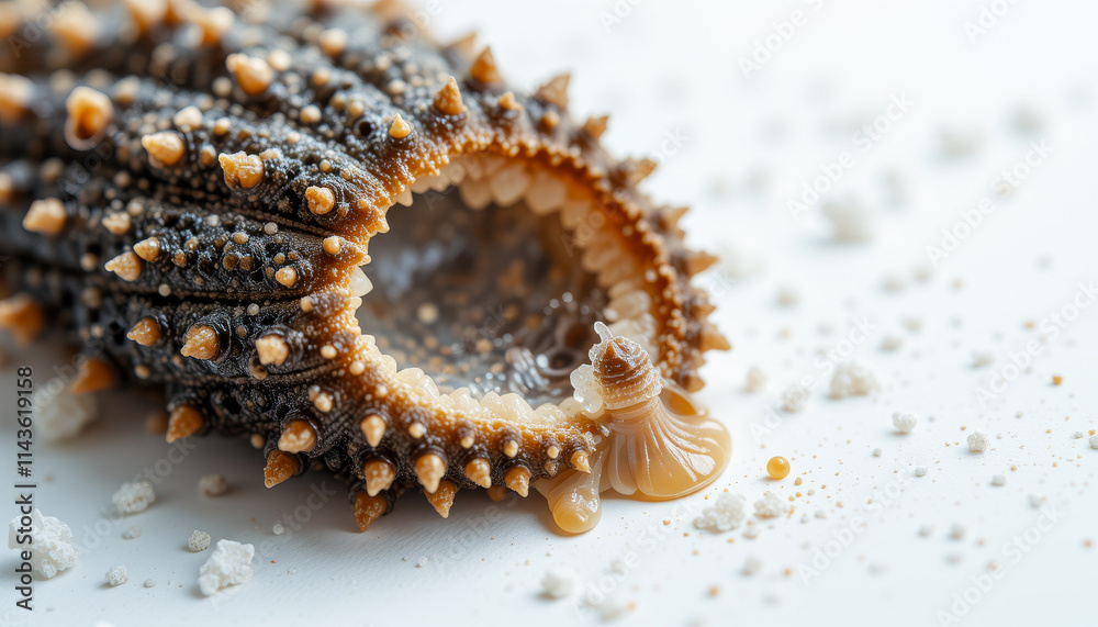 Close-up of a spiky sea cucumber with coral-like texture resting on a sandy surface Close-up of a spiky sea cucumber with coral-like texture resting on a sandy surface