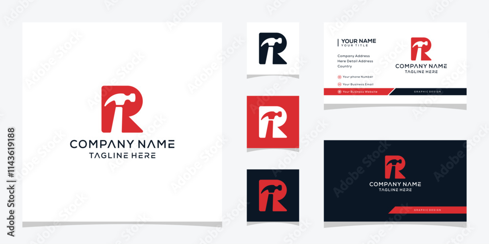 Initial letter R hammer logo design, business card vector template